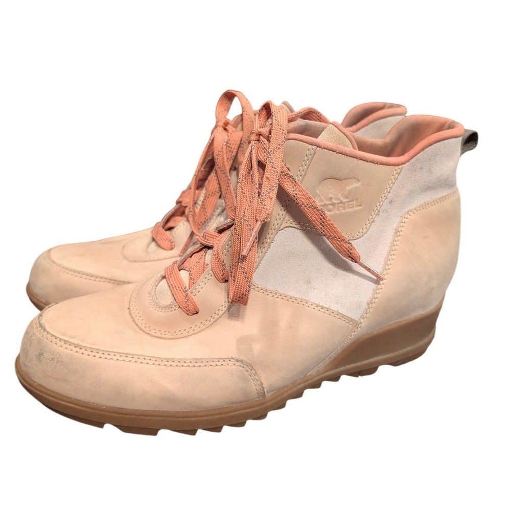 Sorel Evie Lace Up Wedge Boots Peach Tan Waterproof Leather Suede Ankle Booties